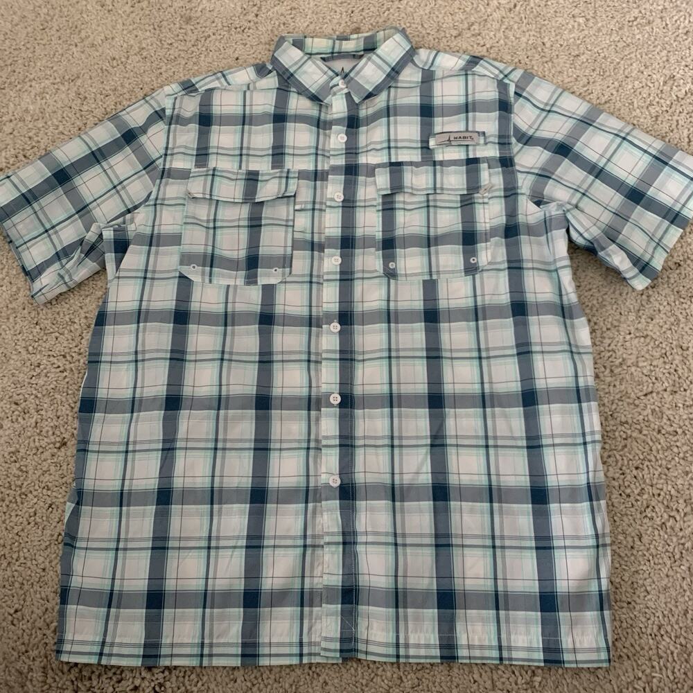 Habit Fishing Shirt Mens Large Vented Lightweight Green Plaid 40+ Sun Protection